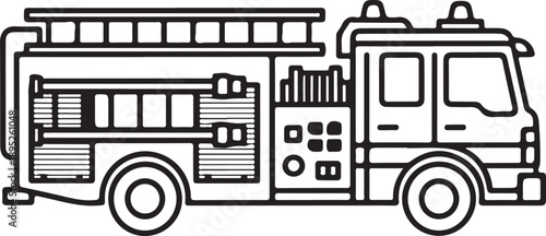 Detailed outline drawing of a fire truck for kids' coloring pages isolated on white background, illustration