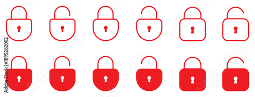 Lock and unlock icon set with padlock outline and filled solid symbols, vector cartoon illustration, transparent background, security and privacy icon collection, digital safety symbols