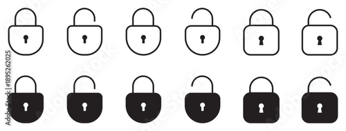 Lock and unlock icon set with padlock outline and filled solid symbols, vector cartoon illustration, transparent background, security and privacy icon collection, digital safety symbols