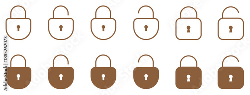 Lock and unlock icon set with padlock outline and filled solid symbols, vector cartoon illustration, transparent background, security and privacy icon collection, digital safety symbols