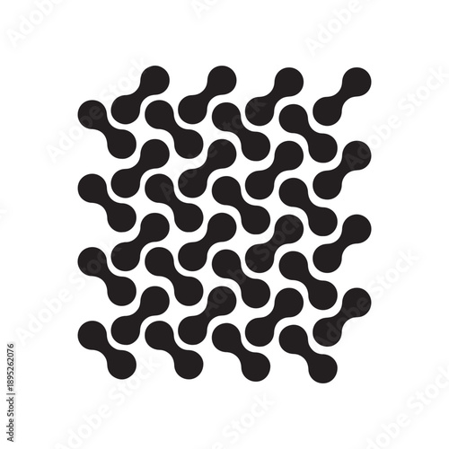 This image features an abstract pattern composed of black shapes. The shapes are elongated and curved, arranged in a repeating, wave-like formation