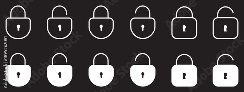 Lock and unlock icon set with padlock outline and filled solid symbols, vector cartoon illustration, transparent background, security and privacy icon collection, digital safety symbols
