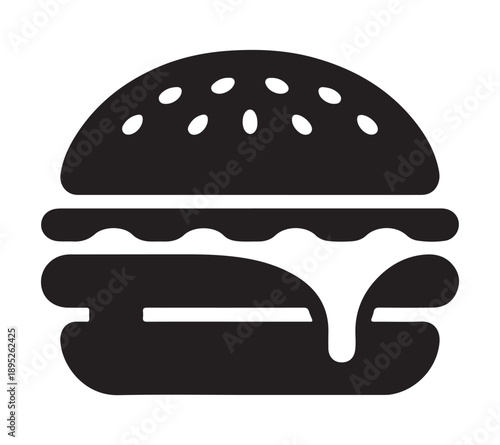 Black silhouette icon of classic hamburger with sesame seed bun, layered patty, cheese, lettuce, and bottom bun, minimalist fast food vector illustration isolated