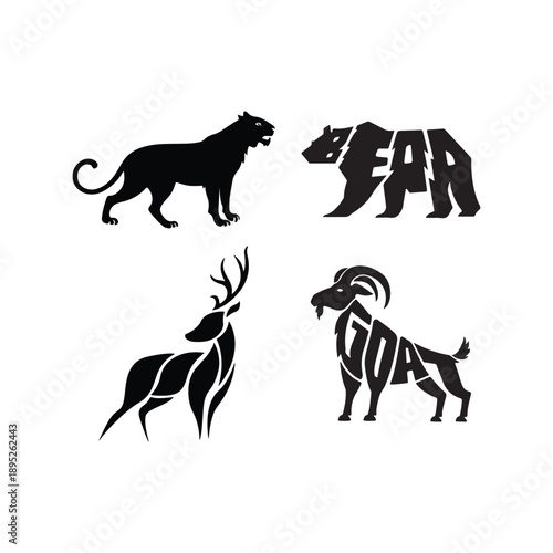 This image features the black silhouettes of four different animals a panther, a bear, a deer, and a goat