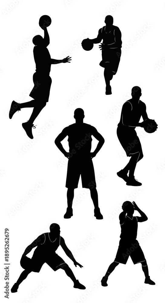 Fototapeta premium Dynamic Basketball Player Silhouettes in Action Poses, Representing Sports Competition, Athletic Team Game Design