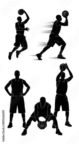 Dynamic Vector Illustration of Basketball Players in Action Poses, Dribbling, Shooting, and Running on a Court