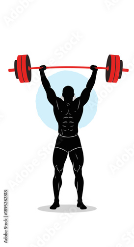 Strong Male Weightlifter in Silhouette Performing an Overhead Barbell Lift on a Blue Background Vector Illustration