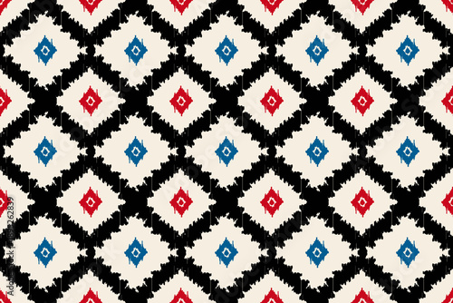 Ethnic ikat seamless pattern. floral embroidery, bohemian style, abstract flower art print. ethnic ikat abstract art. seamless fabric. ikat design for textile, wallpaper, and clothing.