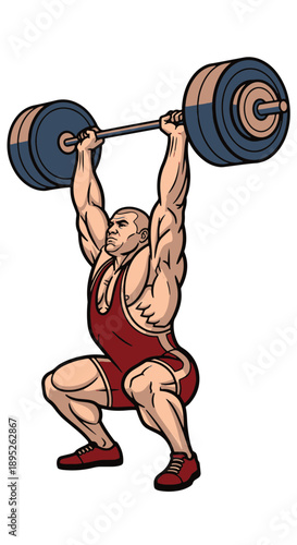 Muscular Weightlifter Holding Heavy Barbell Overhead in a Powerful Squat Position, Bold Graphic Vector Illustration