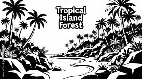 tropical island forests featuring palm trees and coastal vegetation ecosystems black and white vector illustration