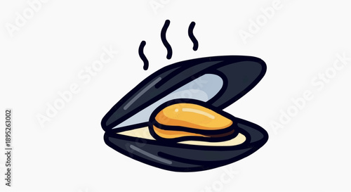 Illustration of a steaming hot clamshell opened revealing food inside