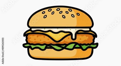 Delicious crispy chicken burger with melted cheese and fresh lettuce illustration for food lovers