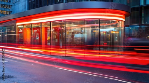 Illuminated Modern Building with Red Light Trails, City Nightscape, Long Exposure.