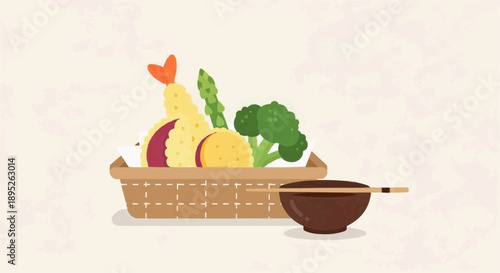 Delicious and Healthy Tempura Vegetables Served in a Basket with Chopsticks