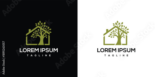 Elegant house logos with tree emblem on contrasting backgrounds showcasing dual design versatility