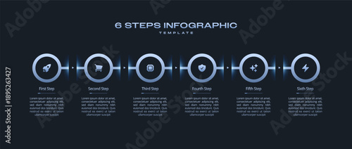 Circular Step Infographic with Dark Tech Diagram and Blue Neon Gradient, 6 Step Process for Business AI, Crypto, and Semiconductor Presentation Featuring Connected Round Frames for Data Visualization
