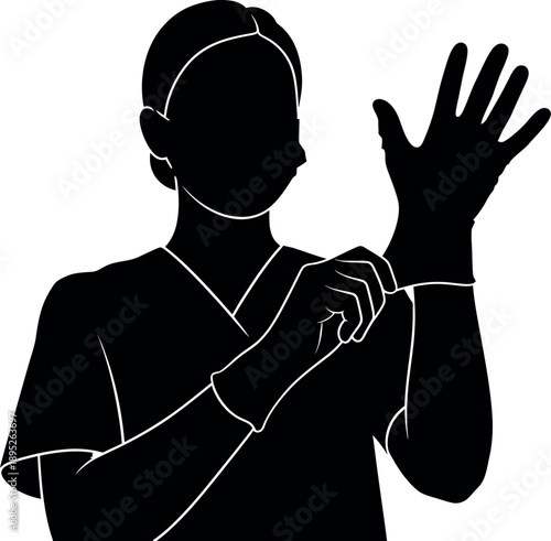 Healthcare Professional Putting On Protective Medical Gloves Silhouette | Doctor Nurse Surgeon PPE Illustration | Medical Examination Hygiene Icon | Homo sapiens Clinical Staff