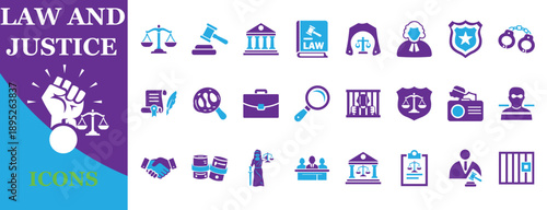 Law and Justice Vector Icon Set - Fully Editable and Color Changeable Legal Symbols including Gavel, Scales, Court, Police and Prison for Professional Design