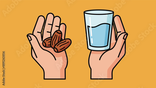 Hands Holding Dates and Glass of Water.