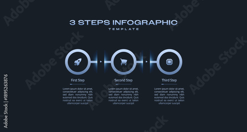 Circular Step Infographic with Dark Tech Diagram and Blue Neon Gradient, 3 Step Process for Business AI, Crypto, and Semiconductor Presentation Featuring Connected Round Frames for Data Visualization