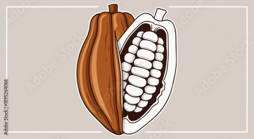 A cut open cacao pod revealing white seeds inside on a neutral background