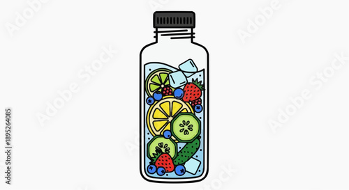 Refreshing infused water in a clear bottle with slices of lemon, cucumber, lime, and berries