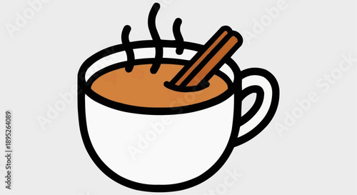 A steaming cup of hot beverage with cinnamon stick inside on a table