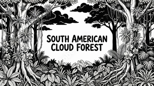 cloud forest ecosystems with dense vegetation, orchids, and mountain jungle plants black and white vector illustration