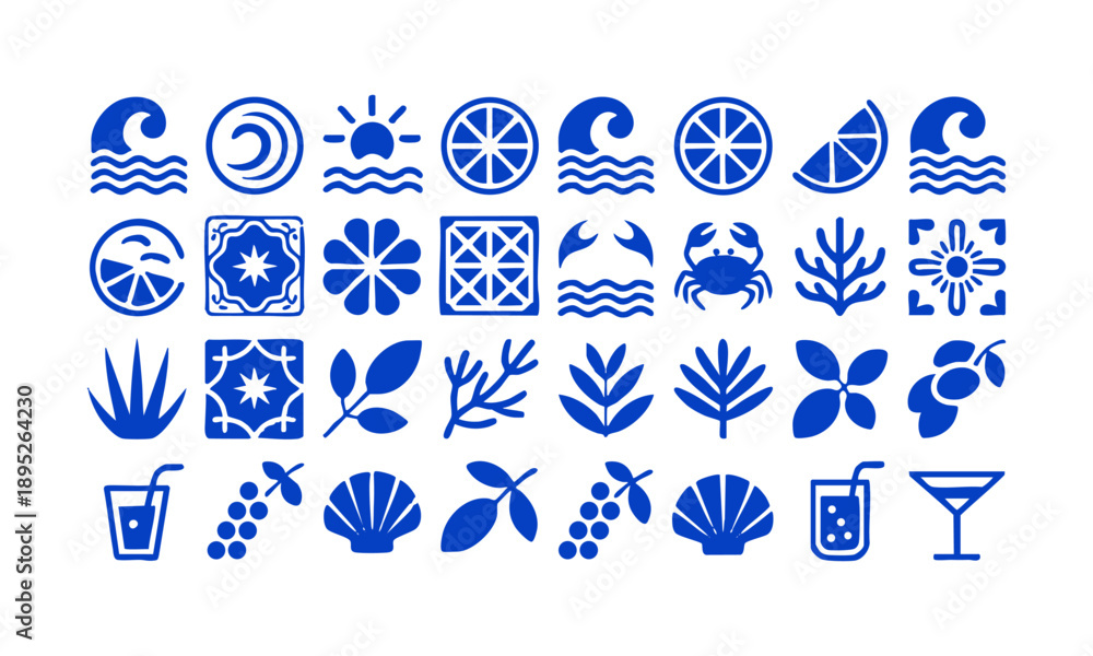 Fototapeta premium Minimal blue beach lifestyle icon pack arranged in structured grid vector illustration, easily editable.