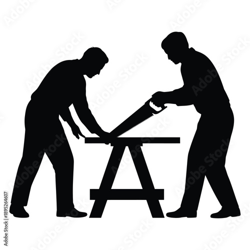 Two men sawing wood on sawhorses silhouette