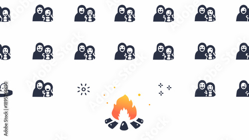 Happy people icons gathered around a campfire outdoors