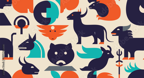 Abstract Flat Design Animal Icons Vector Pattern