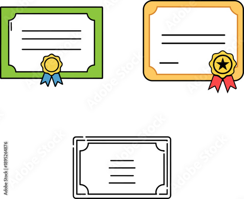 Certificate icon collection in illustration flat style and outline