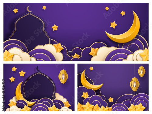 Nighttime Ramadan poster in paper cut style with traditional Islamic symbols. Vector mosque domes and crescent moon, stars and clouds in various shapes. Artwork with golden accents. Greeting cards