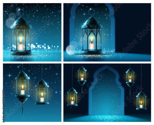 Glowing lanterns with candles inside. Vector traditional illumination for holy muslim month. Spiritual atmosphere symbols. Festive celebration during Ramadan. Digital design and greeting cards