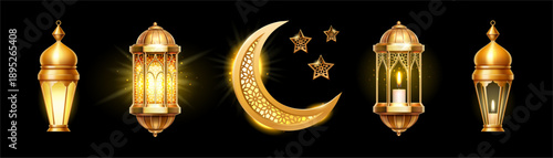 Ramadan decorative elements in golden style. Vector crescent moons, stars and glowing lanterns with candles. Traditional Islamic festive ornaments. Elements for greeting cards and festive decoration