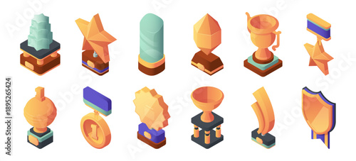 Trophies set. Vector isometric rewards in form of star shaped cups, diamond awards, round medals and first place cups. Honors on stands. Achievement and victory symbols. Sports prize visualization
