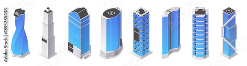 Skyscrapers with apartments. Vector isometric isolated business center or city downtown buildings. Real estate property and modern architecture in town, building construction with storeys and windows