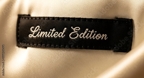 Closeup of a black fabric label with Limited Edition embroidered in white script attached to a lightcolored garment.