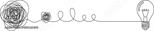 Tangled line leading to a light bulb idea concept