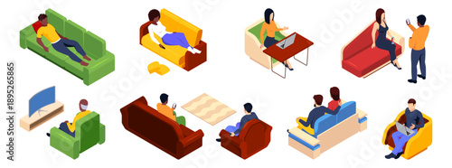 People relaxing on sofas and chairs. Vector isolated characters lying and napping, playing games and working with laptops. Home leisure and interior lifestyle. Office or living room activity