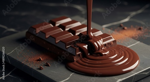 Decadent Melted Chocolate Pouring Over a Dark Chocolate Bar on a Stone Surface.