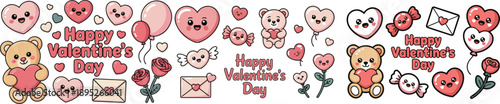 Happy Valentine’s Day cute text design with cartoon icon set