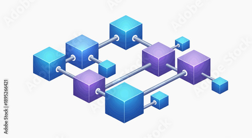 Abstract digital network structure illustration featuring interconnected 3D geometric blocks, symbolizing secure data flow, decentralized technology, and innovative information architecture