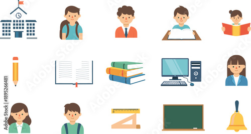 Flat School Icon Set with Students and Classroom Elements – Education Vector Collection