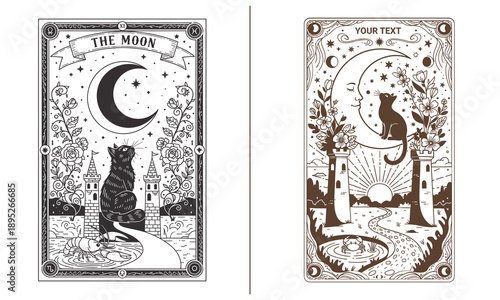 Moonlit Castle Path Cat Tarot Card Set Illustration with Crescent Night Sky River Scene Storybook Fantasy Digital Artwork Design