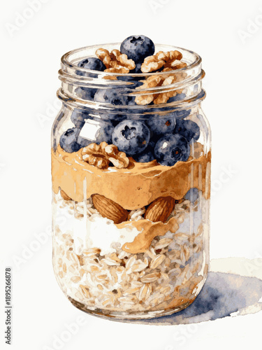 Easy Breakfast Blueberry Overnight Oats isolated watercolor vector illustration svg