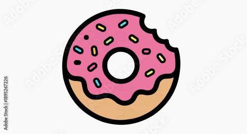 A colorful illustration of a bitten donut with pink frosting and sprinkles on a plate