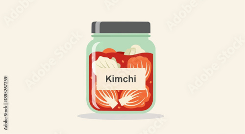 A jar of kimchi sits on a table indoors with food and spices
