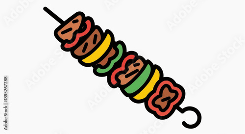 Colorful skewer of food on a stick presented outdoors on a sunny day